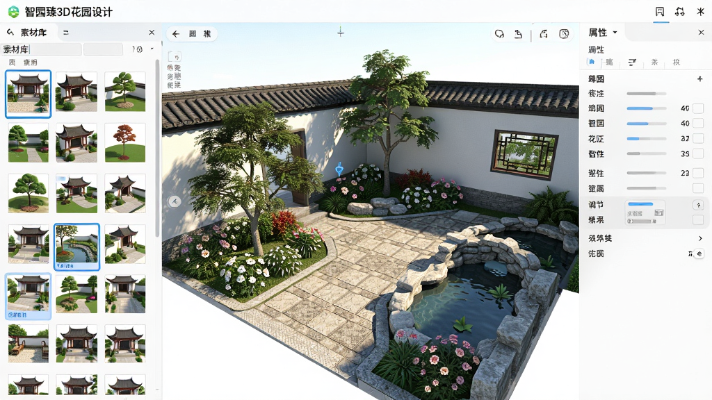 一幅智园臻3D花园设计界面效果图,画面展示庭院设计中式风格,左侧为素材库列表,中间为3D花园模型,右侧为属性调节面板,地面铺装、树木、花丛与小型水景清晰可见,阳光照射下光影真实,整体排版紧凑,风格写实,细节丰富,画质高清干净,无多余元素。