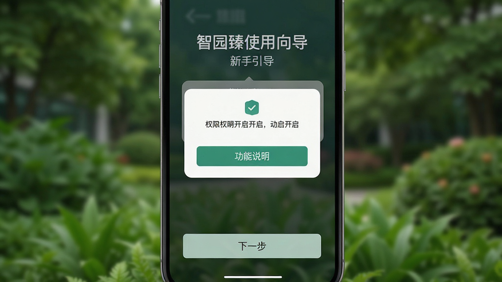 一张手机截图风格的智园臻使用向导,画面显示新手引导界面,包含权限开启弹窗与功能按钮说明,下方有“下一步”按钮,背景为模糊的绿化景观,布局居中对称,风格扁平化,细节清晰,画质干净,无多余元素。