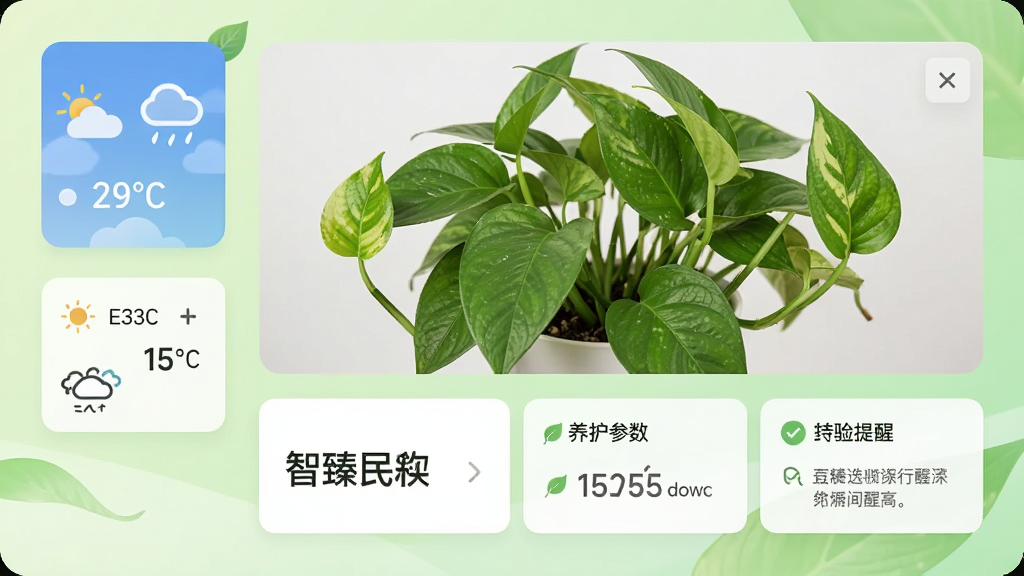 一张智园臻植物识别功能预览图,界面中展示一株绿萝的识别结果,上方为植物高清照片,下方为名称、养护参数与提醒卡片,左侧有天气与温度小部件,整体排版为上下结构,风格清新自然,背景为浅绿色渐变,细节清晰,画质干净,无多余元素。