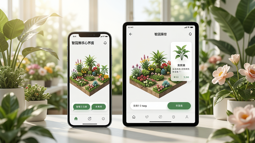 一幅展示智园臻核心界面的概念图,画面中央是智能手机与平板并排显示,屏幕内呈现精美的花园3D模型与植物识别卡片,周围环绕着绿植与花卉,背景为阳光明亮的室内花园,整体布局清晰,排版整洁,风格现代简约,细节丰富,画质高清干净,无多余元素。