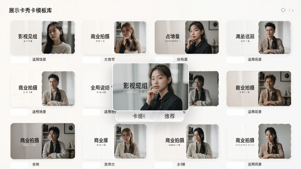 界面展示卡秀模卡模板库,多套精美模卡以网格形式排列,每套模板标注适用场景如