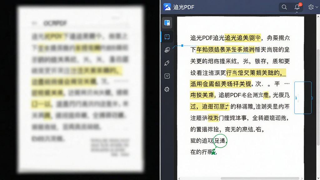 一张对比示意图,左侧是一张模糊的纸质扫描文档照片,右侧是“追光PDF”软件界面中经过OCR识别后的清晰可选中文字文本,并用黄色高亮标出识别出的关键词。布局为左右分屏对比,风格简洁现代。细节展示文字识别前后的差异,画质高清,干净无多余元素。