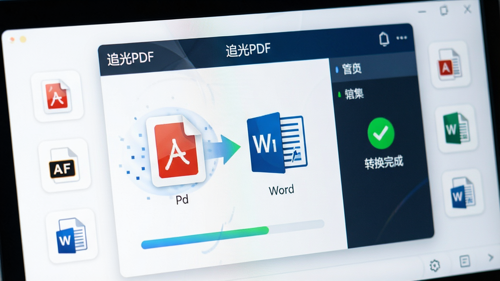 微距拍摄电脑屏幕,屏幕上显示“追光PDF”软件转换功能界面,界面中有一个文件图标正在从PDF格式变为Word格式的动效示意,周围有格式转换的图标排列。布局清晰,功能面板居中。风格科技感,细节有进度条和“转换完成”的绿色对勾提示。画质极佳,干净无多余元素。