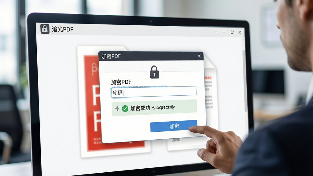 一张商务人士在办公室使用“追光PDF”软件为PDF文件添加密码保护锁的界面特写,屏幕上显示加密设置弹窗,有密码输入框和“加密”按钮。布局以软件界面为主,背景虚化办公环境。风格专业严谨,细节显示锁形图标和加密成功提示。画质清晰,干净无多余元素。