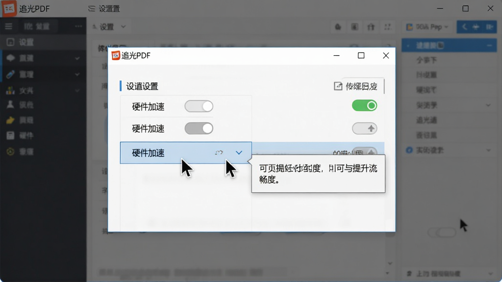 一张电脑屏幕截图,展示“追光PDF”软件运行时的设置界面,光标指向“硬件加速”选项,旁边弹出提示框说明可提升流畅度。布局为设置窗口居中,背景为软件主界面。风格简洁清晰,细节展示选项开关状态,画质干净,无多余元素。