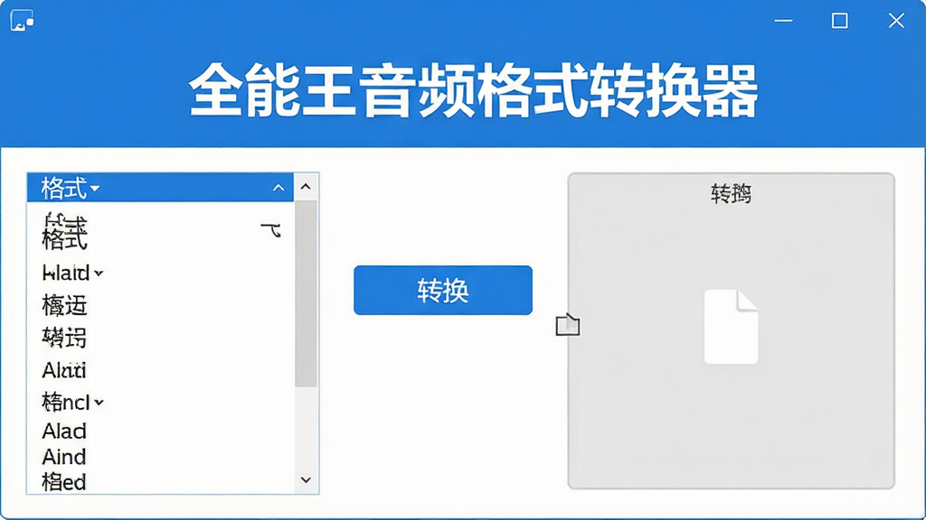 一张展示全能王音频格式转换器主界面的高清图片,界面包含格式选择列表、转换按钮和文件拖拽区域,整体风格简洁现代,色彩以蓝白为主,背景干净无杂物,画质清晰细腻,突出软件名称“全能王音频格式转换器”的Logo标识,布局整齐,无多余元素