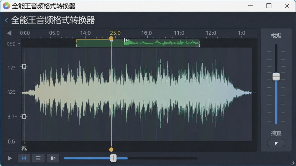 一张展示全能王音频格式转换器音频编辑功能的图片,画面中央是音频波形编辑界面,带有时间轴和裁剪标记,旁边是音量调节滑块,软件名称“全能王音频格式转换器”出现在界面左上角,整体风格专业且配色柔和,画质高清无噪点,布局合理无多余元素
