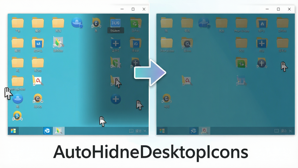 主体:AutoHideDesktopIcons软件界面,展示鼠标离开后桌面图标自动隐藏的对比场景;布局:左侧为图标可见的桌面,右侧为图标隐藏后的整洁桌面,中间用箭头指示切换过程;排版:左右分屏对比,下方放置软件名称“AutoHideDesktopIcons”字样;风格:现代扁平化设计,色彩清新明亮;细节:桌面包含文件夹、快捷方式图标,鼠标光标移至屏幕边缘;画质:高清,干净,无多余元素
