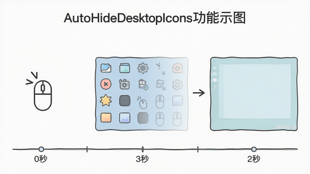 主体:AutoHideDesktopIcons功能示意图,展示鼠标活动时图标显示,鼠标停止后图标消失的过程;布局:左侧鼠标图标,中间桌面图标逐渐淡出,右侧干净桌面;排版:从左到右流程展示;风格:简约线条风格配合柔和色彩;细节:时间轴标注“0秒”“3秒”等延迟数值;画质:清晰,无多余元素