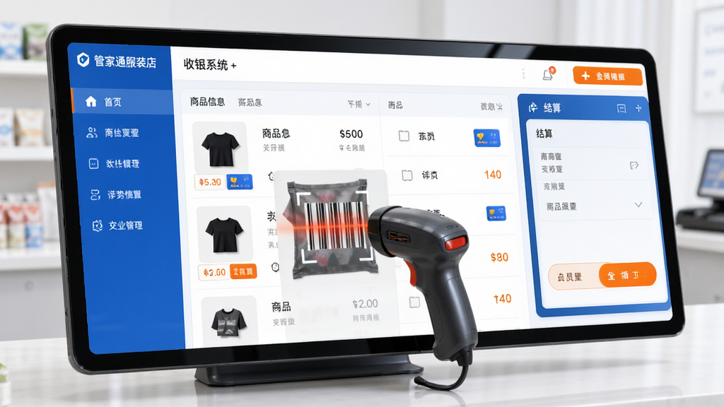 主体:管家通服装店收银系统软件主界面,前台收银台场景;布局:左侧功能导航栏,右侧为商品信息列表与结算窗口,中间显示扫码枪扫描商品动画;排版:清晰的平面化UI设计,模块分区明确;风格:现代简约,商务科技感,色彩以蓝白为主,辅以橙色高亮按钮;细节:商品缩略图、价格标签、会员卡图标,屏幕反光柔和;画质:超高清,干净,无多余元素