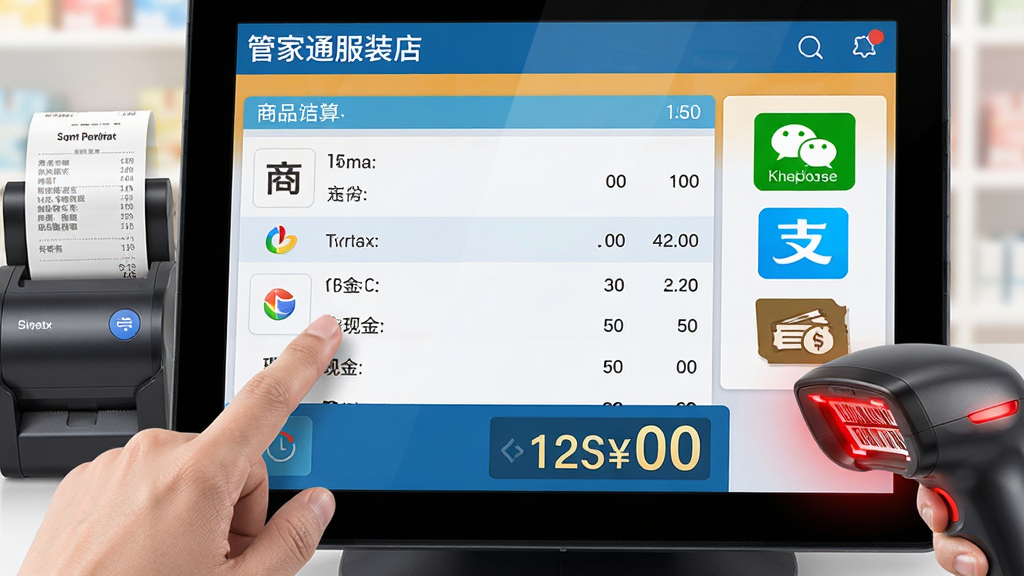 主体:管家通服装店收银系统收银结算操作界面特写;布局:中央为商品结算清单,右侧为支付方式选择图标(微信、支付宝、现金),底部为应收金额大字显示;排版:左右分栏结构,色彩明快;风格:写实与UI结合,突出触摸屏操作感;细节:手指点击屏幕,小票打印机正在出单,扫码枪亮起红光;画质:清晰,干净,无多余元素