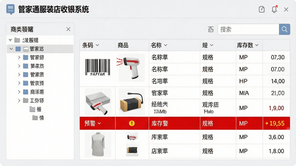 主体:管家通服装店收银系统商品库存管理界面;布局:左侧分类树,右侧商品列表表格含条码、名称、规格、库存数,顶部搜索栏;排版:表格数据整齐排列,库存预警行用红色高亮;风格:商务简洁,背景浅灰,文字清晰;细节:显示条码枪图标、商品小图、库存数字跳动;画质:高清,干净,无多余元素