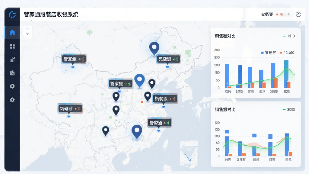 主体:管家通服装店收银系统多门店管理后台界面;布局:地图上分布着多个门店标记点,点击弹出各店销售额对比柱状图;排版:地图与图表结合,信息层级分明;风格:科技感与商务感并重,浅色背景;细节:门店名称标签、实时数据刷新动画;画质:超清,干净,无多余元素
