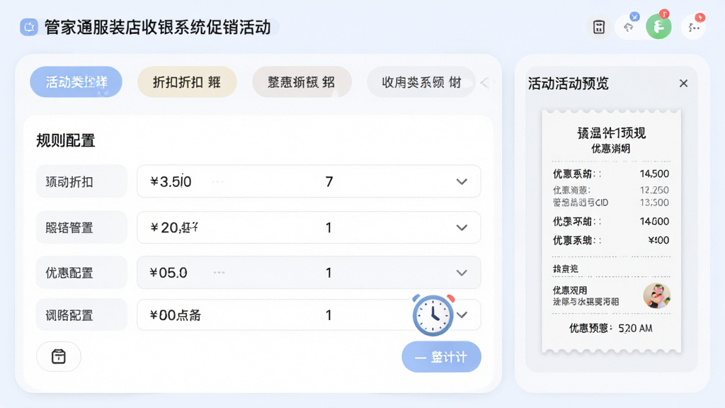 主体:管家通服装店收银系统促销活动设置界面;布局:上方为活动类型选择标签,下方为规则配置表单,右侧为活动预览;排版:表单对齐工整,预览区模拟小票显示优惠明细;风格:清爽,柔和圆角设计;细节:折扣标签、倒计时时钟图标;画质:高清,干净,无多余元素