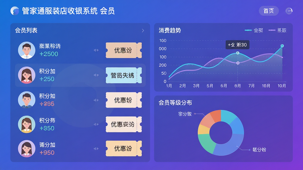主体:管家通服装店收银系统会员营销数据图表展示;布局:左侧为会员列表,右侧为消费趋势折线图与饼图,展示会员等级分布;排版:数据可视化图表,颜色清新;风格:现代数据大屏风格,蓝紫色渐变背景;细节:会员头像、积分数字、优惠券样式;画质:高分辨率,干净,无多余元素