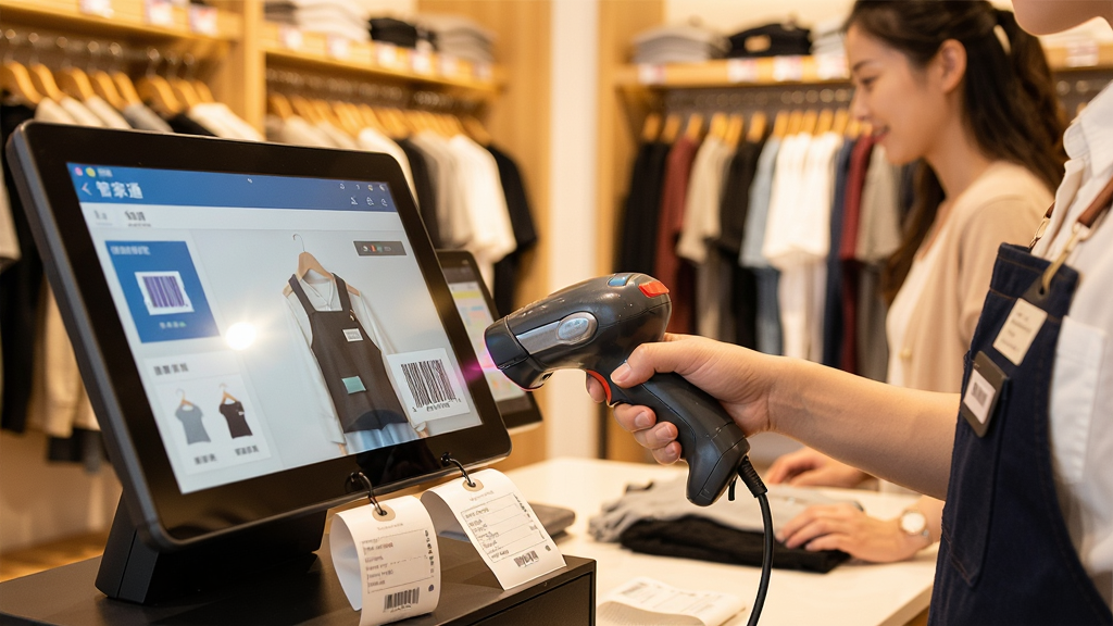 主体:店员正在使用管家通服装店收银系统扫描商品条码,顾客在旁等待支付;布局:前景为收银屏幕特写,背景是服装货架;排版:画面层次分明,聚焦操作手势;风格:写实摄影感,明亮暖色调;细节:扫码枪、小票、服装标签清晰可见;画质:高清,干净,无多余元素