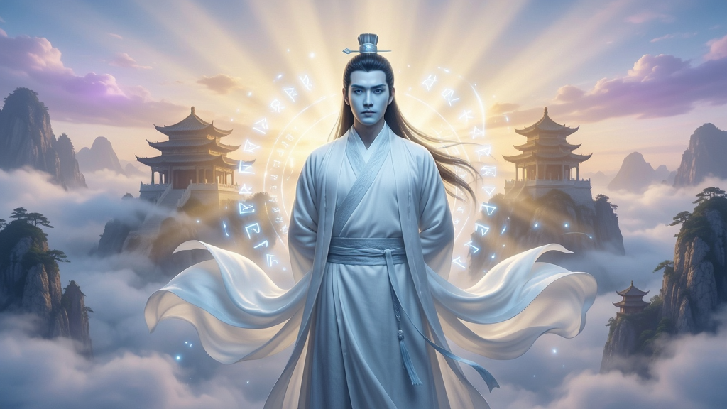画面中心一位飘逸的仙人负手而立,背景是云雾缭绕的仙山琼阁,霞光万丈。人物身着月白长袍,衣袂翻飞,面容清冷俊逸,周身环绕着淡淡的灵光与符文。整体构图采用对称式,突出仙风道骨的超凡气度。色彩以青、白、金为主,辅以淡紫霞光,风格唯美写实,细节精致,画面干净通透,无多余杂乱元素。超高清画质,8K分辨率,光影层次丰富。