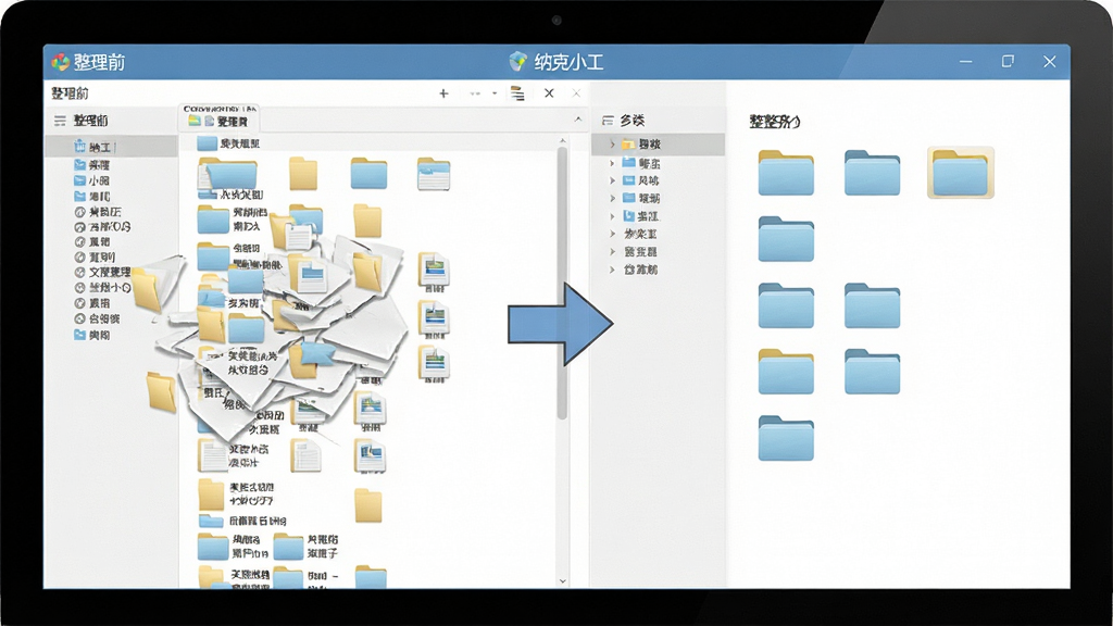 一张纳克小工文件整理功能的操作演示图,电脑屏幕上显示整理前后的文件夹对比,左侧为杂乱无章的文件列表,右侧为分类整齐的文件夹,中间有箭头指示,软件名称“纳克小工”出现在界面标题栏,画质清晰,排版整洁,无多余元素