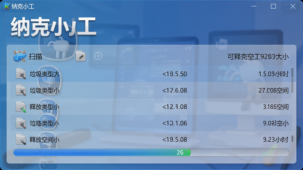 展示纳克小工系统清理功能运行时的截图,界面显示扫描到的垃圾文件类型列表及可释放空间大小,背景为半透明蓝色调,进度条正在扫描中,软件名称“纳克小工”在左上角醒目显示,画质清晰,细节丰富,无多余元素
