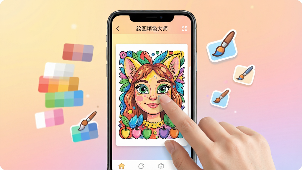 一幅展示智能手机屏幕的图片,屏幕上运行着“绘图填色大师”应用界面,界面中展示了一幅色彩斑斓的数字填色画作,背景是柔和的渐变色彩,画面中央有一位用户的手指正在屏幕上点击填色,周围漂浮着各种颜色的色块和画笔图标,整体风格明亮温馨,画质清晰,干净无多余元素。