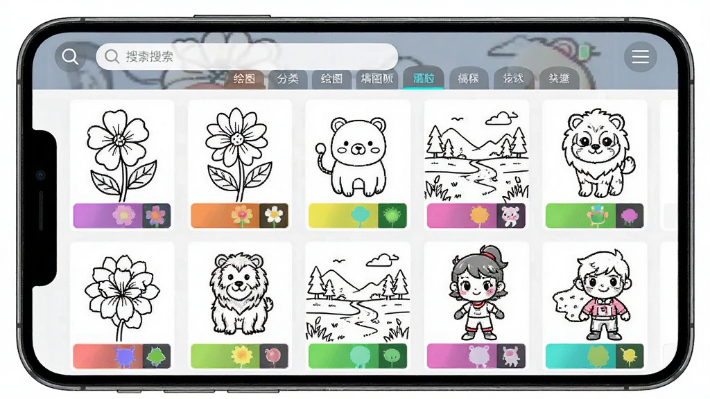 一张展示“绘图填色大师”应用画稿库界面的图片,手机屏幕上以网格形式展示了多张不同类型的黑白线稿画作,包括花朵、动物、风景和卡通角色,每张画稿下方有彩色预览图,界面顶部有搜索栏和分类标签,整体布局整洁,画质清晰,色彩鲜艳,干净无多余元素。