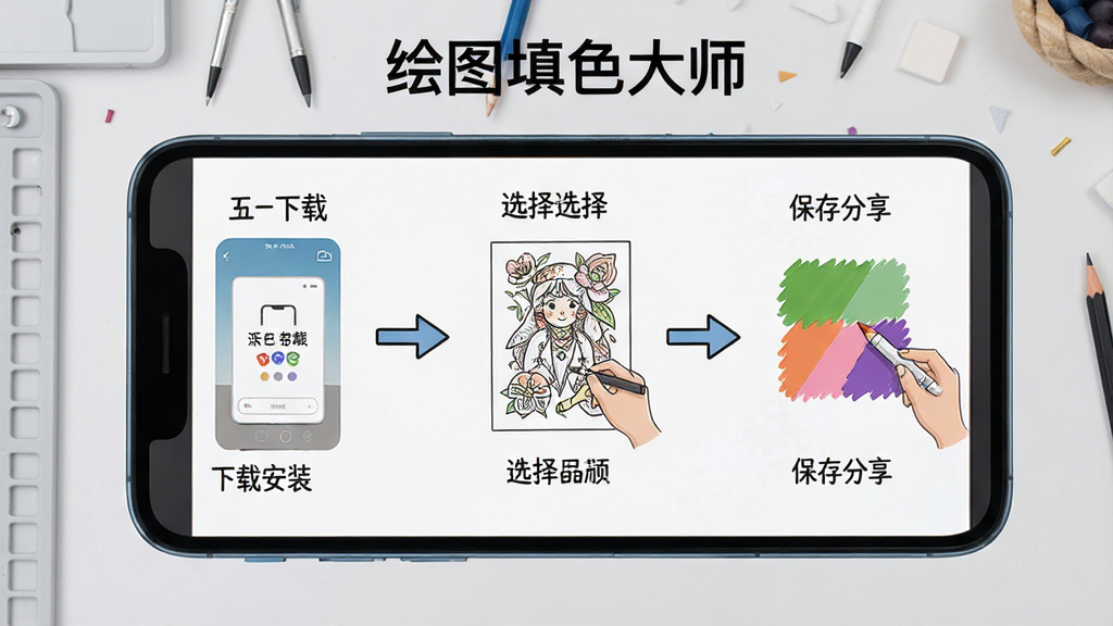 一张展示“绘图填色大师”使用教程的图片,画面中手机屏幕被分成多个步骤示意图,包括下载安装、选择画稿、选色填色、保存分享等操作,每个步骤有箭头指引,背景为浅灰色工作台,画风简洁明了,画质清晰,干净无多余元素。