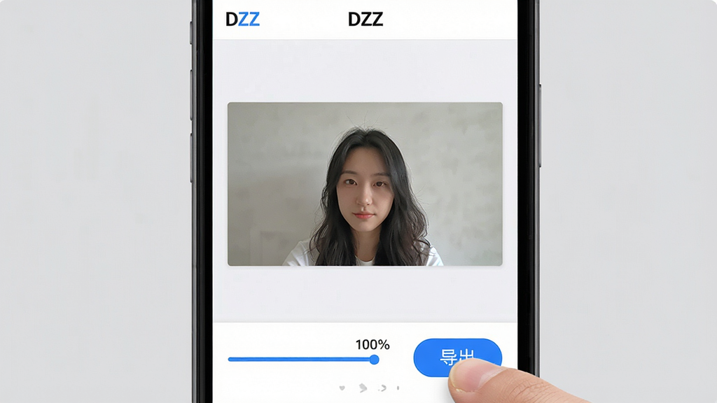 主体:手机屏幕显示DZZ软件操作界面,手指正在点击“导出”按钮。布局:手机居中,屏幕中显示照片编辑完成状态,下方有导出进度条。排版:界面简洁,有“DZZ”标识,导出按钮为蓝色高亮。风格:实用主义风格,背景为纯色浅灰。细节:导出进度条显示100%,照片画面清晰。画质:高清渲染,干净,无多余元素。