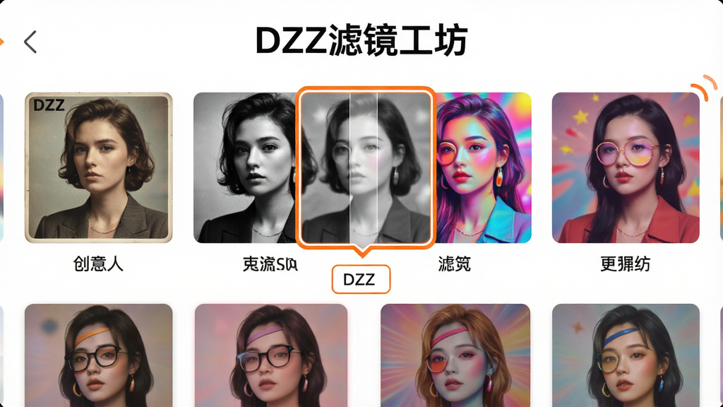主体:DZZ软件的“创意滤镜工坊”界面,展示多款滤镜缩略图。布局:网格状排列,每款滤镜下方有名称标签。排版:界面顶部有“DZZ滤镜工坊”字样,选中的滤镜有橙色边框。风格:时尚活泼,色彩丰富。细节:滤镜缩略图展示不同色调效果,包括复古、黑白、鲜艳等。画质:高清,干净,无多余元素。