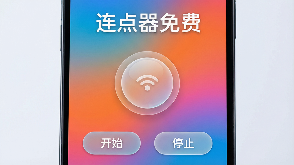 主视觉展示连点器免费APP界面,画面中央悬浮一个半透明的圆形点击控制按钮,背景为渐变色手机屏幕,上方显示“连点器免费”字样,下方有“开始”“停止”两个虚拟按键,整体风格简洁现代,科技感十足,高清渲染,干净无多余元素