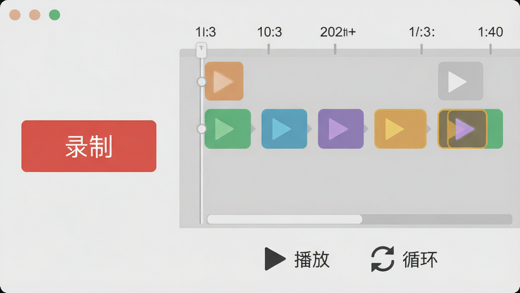 连点器免费脚本录制功能界面,画面左侧为“录制”红色按钮,右侧为时间轴轨道,上面排列着不同颜色的操作节点方块,下方有“播放”“循环”图标,背景为浅灰色面板,整体扁平化设计风格,文字标签清晰,画质干净,无多余元素
