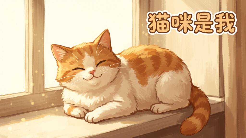 一张温馨的室内场景图,一只毛色橘白相间的猫咪正慵懒地趴在窗台上,阳光透过玻璃洒在它身上,猫咪眯着眼睛表情享受,画面采用暖色调,构图居中,风格治愈系插画,细节丰富,毛发质感清晰,画质高清干净,无多余元素,文字“猫咪是我”以可爱的圆体字点缀在画面右上角。