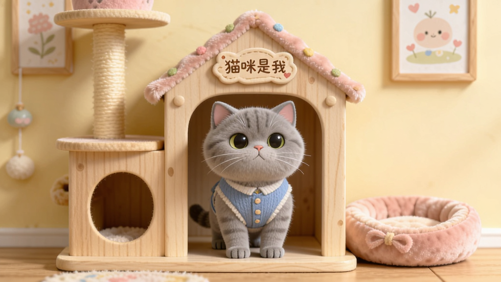 一只穿着蓝色小背心的灰色英短猫咪站在装饰精美的猫屋中,猫屋有原木色的猫爬架和粉色的猫窝,背景是淡黄色的墙壁和可爱的挂画,整体风格清新可爱,构图居中,3D渲染风格,细节精致,画质高清,干净明亮,文字“猫咪是我”以艺术字形式刻在猫屋的门牌上。