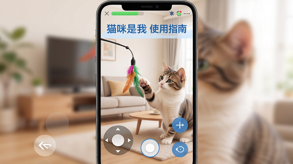 手机竖屏界面截图风格,画面上方显示猫咪状态栏,中间是客厅场景,猫咪正用爪子拨弄一个悬挂的逗猫棒,下方是虚拟摇杆和交互按钮,UI设计简洁现代,色调柔和,画面清晰,细节丰富,画质高清,文字“猫咪是我 使用指南”以蓝色标题显示在画面顶部。