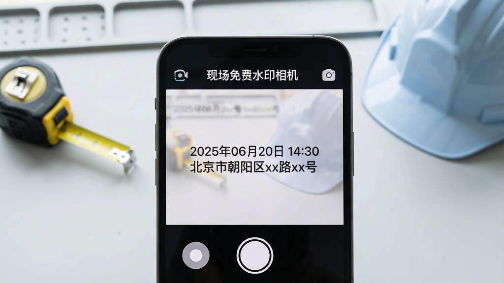 主体:一部智能手机屏幕显示“现场免费水印相机”应用界面,界面包含拍照按钮和清晰的时间地点水印预览;布局:手机位于画面中央,背景为简洁的浅灰色工作台,桌面有卷尺和安全帽;排版:手机屏幕特写,水印文字“2025年06月20日 14:30 北京市朝阳区xx路xx号”清晰可读;风格:写实摄影风格,明亮自然光,干净整洁;细节:屏幕中水印字体端正,界面图标圆润,画面无杂物;画质:4K超清,干净,无多余元素。