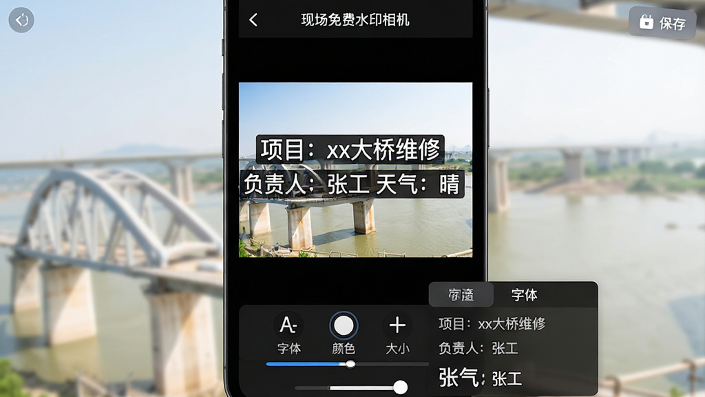 主体:“现场免费水印相机”自定义水印编辑界面,屏幕上显示一张照片预览,水印文字“项目:xx大桥维修 负责人:张工 天气:晴”可编辑;布局:手机屏幕中央为照片,底部为编辑工具栏,包含字体、颜色、大小调节选项;排版:编辑工具栏图标简洁,当前选中“字体”选项,弹出字体列表;风格:深色模式UI,界面专业,适合户外强光环境;细节:水印文字带有半透明黑色底,清晰可读,屏幕右上角有“保存”按钮;画质:4K超清,干净,无多余元素。