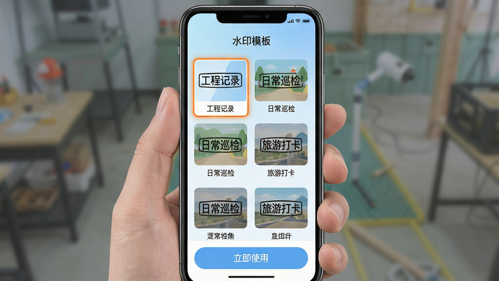 主体:“现场免费水印相机”应用内水印模板选择界面,屏幕上排列着工程、巡检、旅游等多种水印样式缩略图;布局:手机竖屏显示,界面顶部有“水印模板”标题,中部为模板列表,底部为预览按钮;排版:模板缩略图以两列网格排列,每个缩略图下方标注模板名称,如“工程记录”、“日常巡检”、“旅游打卡”;风格:扁平化UI设计,色彩清新,背景为浅蓝色渐变;细节:当前选中的模板带有橙色边框,屏幕底部有“立即使用”按钮;画质:高清,干净,无多余元素。