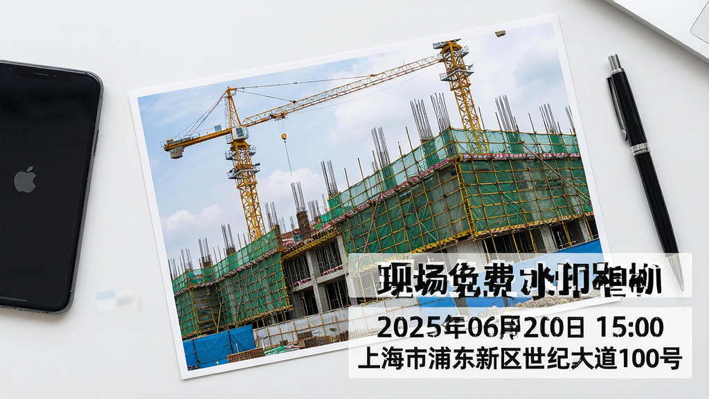 主体:一张带有“现场免费水印相机”水印的样张照片,水印显示“2025年06月20日 15:00 上海市浦东新区世纪大道100号”;布局:样张平铺在桌面,旁边放着一部手机和一支笔;排版:水印字体为黑体,白色半透明底,位于照片右下角,清晰醒目;风格:俯拍视角,简洁商务风,光线均匀;细节:样张内容是建筑工地现场,有塔吊和脚手架,水印内容完整;画质:高清,干净,无多余元素。