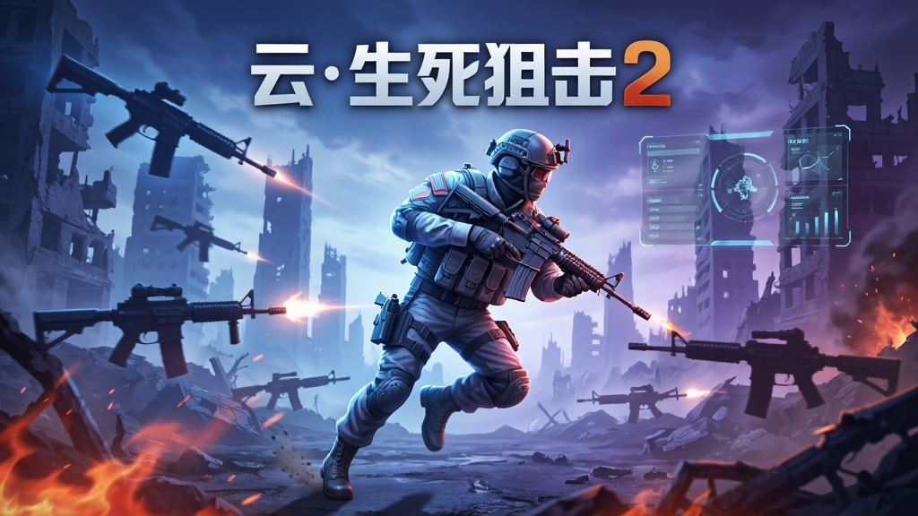 一张游戏宣传海报风格的主视觉图,主体是“云生死狙击2”的游戏LOGO,背景是充满未来科技感的战场废墟,有光影交错的枪械剪影和悬浮的战术数据界面,画面中央有一名全副武装的特种兵持枪奔跑,动感十足,整体采用冷色调蓝紫渐变,搭配橙红色火焰特效,画质细腻,干净无多余元素