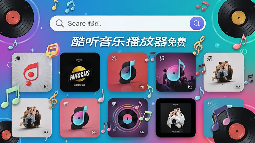 图片以“酷听音乐播放器免费”主界面为背景,上方为搜索栏,下方以网格形式排列专辑封面,色彩鲜艳,唱片元素点缀其中。布局采用上下结构,突出搜索与推荐功能,音乐符号在封面间漂浮。整体画面鲜艳活泼,细节丰富,画质清晰,干净无多余元素。