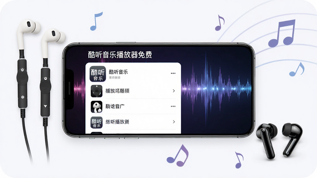 一张智能手机横向握住,屏幕显示“酷听音乐播放器免费”播放列表,背景为音乐律动光效,手机周围有线控耳机、无线蓝牙耳机与音符图形,布局饱满,风格时尚,画质清晰,干净无多余元素。