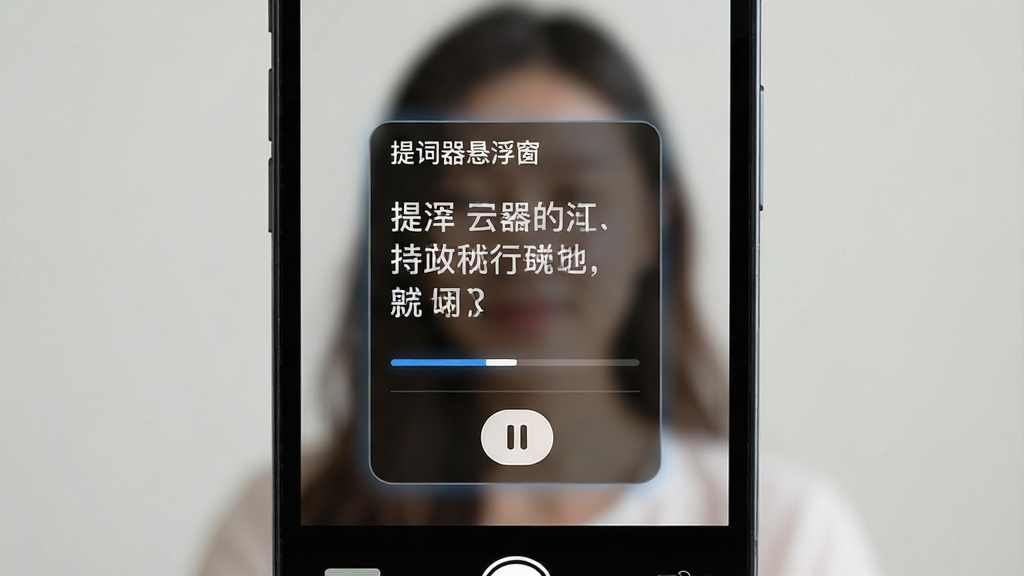 主体:手机屏幕展示提词器悬浮窗叠加在相机录制界面上,悬浮窗文字清晰,背景为虚化的人像;布局:悬浮窗置于屏幕中央偏上,文字滚动,下方有开始暂停按钮;排版:层次分明,悬浮窗高亮,背景柔和;风格:现代实用,界面清爽;细节:悬浮窗带有“提词器悬浮窗”字样和进度条;画质:高清,干净,无多余元素。