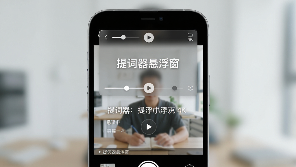 主体:一部智能手机屏幕正显示提词器悬浮窗界面,悬浮窗半透明,下方有滚动文字,背景是相机录制画面;布局:手机居中,屏幕内容清晰,悬浮窗位于画面上方三分之一处,文字横向排列;排版:干净简洁,突出悬浮窗与背景的对比;风格:写实科技感,明亮通透;细节:悬浮窗边缘有调节滑块和播放按钮,文字为“提词器悬浮窗”中文;画质:4K超清,干净,无多余元素。