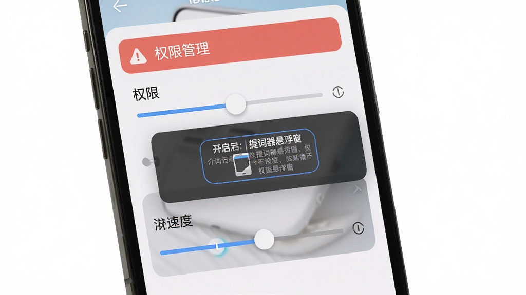 主体:手机屏幕显示提词器悬浮窗设置界面,包含权限开启提示和滚动速度调节条;布局:设置项纵向排列,顶部有“权限管理”红色警告图标,下方有滑块;排版:清晰直观,文字可读性强;风格:简洁扁平化;细节:屏幕上有“提词器悬浮窗”字样权限按钮;画质:干净,无多余元素。