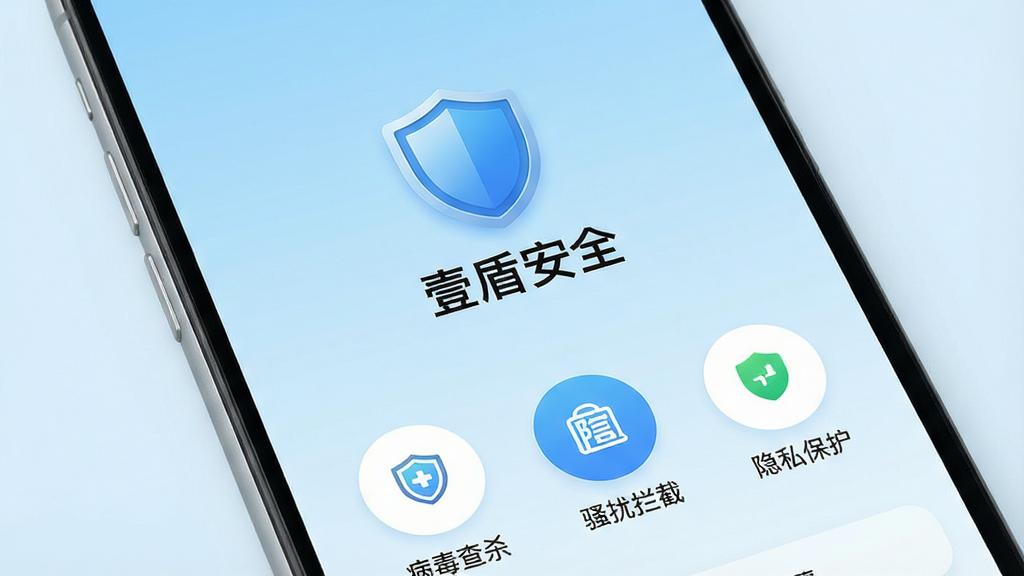 一张智能手机屏幕展示壹盾安全主界面的高清图片,界面风格清新简约,中央显示盾牌图标与“壹盾安全”字样,下方有病毒查杀、骚扰拦截、隐私保护等圆形功能按钮,背景为浅蓝色渐变,整体画面干净整洁,画质细腻,无多余元素