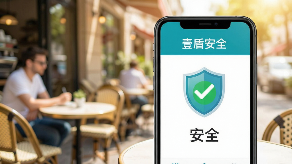 一张展示壹盾安全Wi-Fi安全检测功能的界面截图,背景为户外咖啡厅场景,手机屏幕显示网络检测结果“安全”,盾牌图标带有绿色对勾,画面整体色调明亮,文字“壹盾安全”清晰显示,画质干净,无多余元素