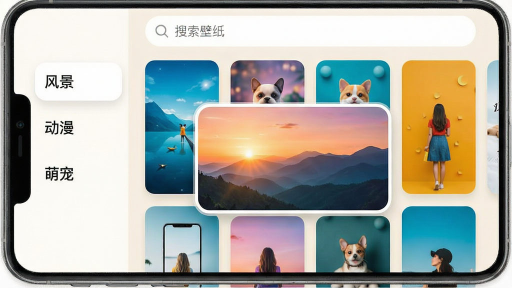 智能手机应用界面展示壁纸分类列表,左侧侧边栏显示分类名称如