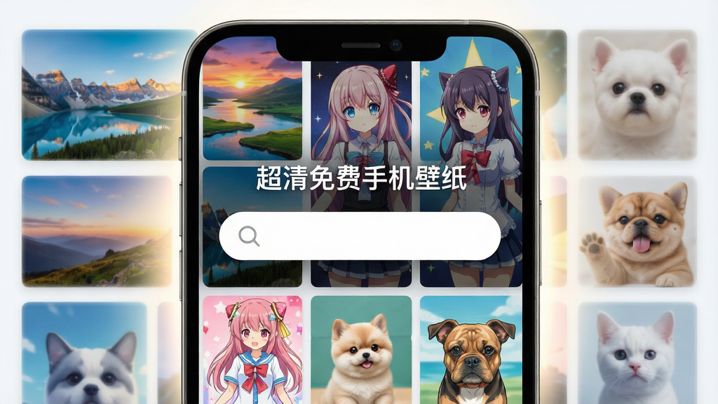 一张智能手机屏幕显示着绚丽多彩的高清壁纸缩略图网格,界面简洁现代,中央有白色搜索框,上方显示中文标题