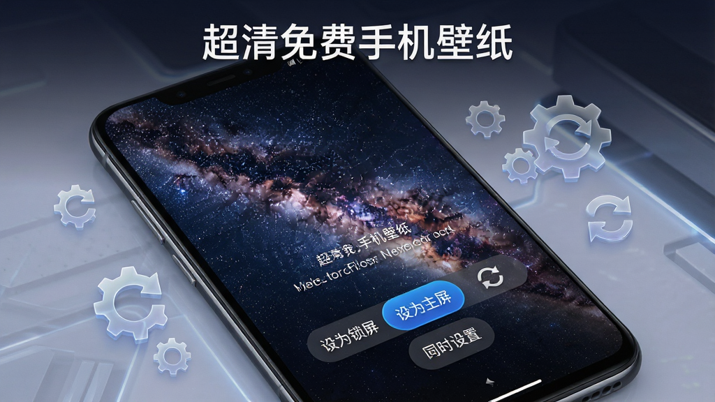 一部智能手机屏幕显示壁纸设置成功提示,背景为一张精美的星空壁纸,屏幕下方有“设为锁屏”“设为主屏”“同时设置”三个按钮,其中一个已被选中,界面顶部有中文标题
