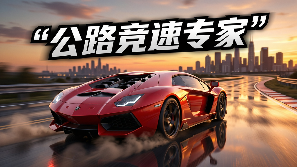 游戏宣传海报风格,主体为“公路竞速专家”游戏LOGO和一辆红色超级跑车在黄昏的公路上飞驰,布局以赛道为中心,车辆占据视觉焦点,背景有城市天际线。排版简洁大气,字体为动感倾斜样式并加引号,风格为写实3D渲染,细节包括轮胎扬起的尘土和光影反射,画质高清流畅,干净无多余元素