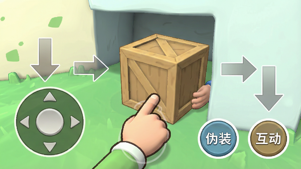 游戏操作界面展示,屏幕左下角有圆形方向摇杆,右下角有两个圆形按钮分别标注“伪装”和“互动”。画面中一个角色正在用手指拖动场景中的箱子,准备躲进去,界面周围有半透明的教程箭头指引,整体风格清新卡通,界面布局清晰,画质干净。